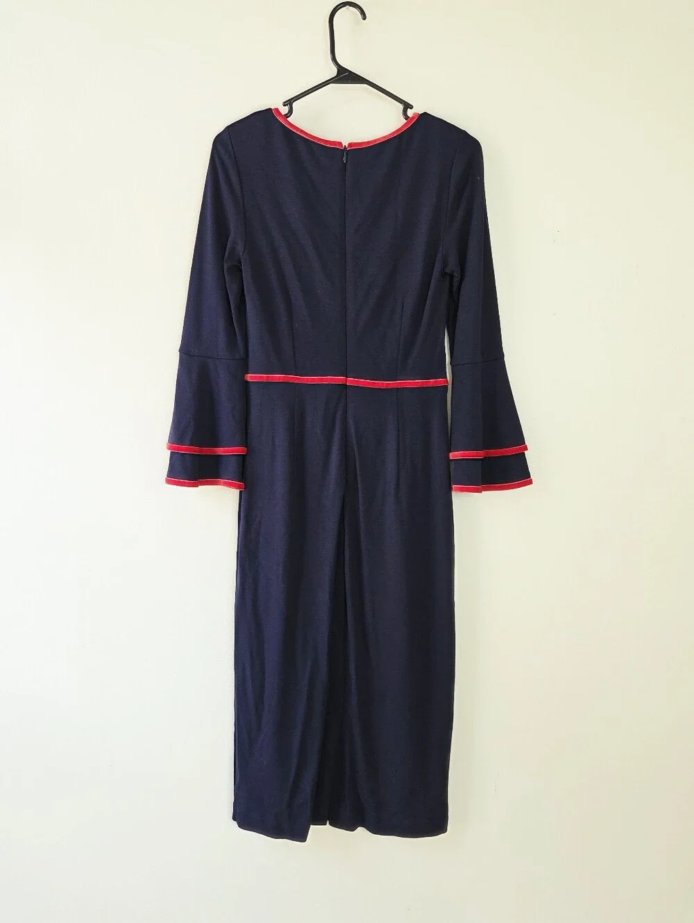 Boden Cora Midi Jersey Dress Navy Velvet Trim Bell Sleeve size 4
